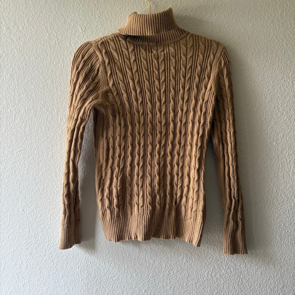 Cozy Classic Camel Cable Knit Turtleneck Sweater – Medium